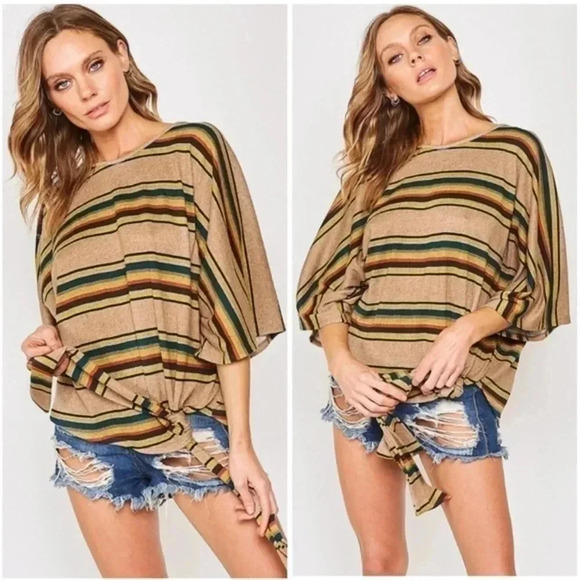 Striped Tie At Waist Dolman Top - Picture 1 of 6